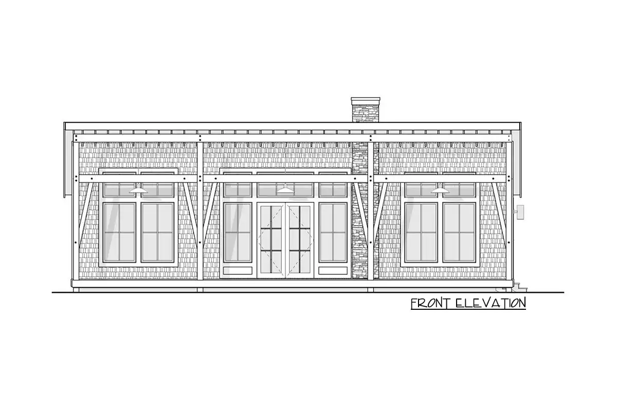 The rough sketch of the front part of the house showing its detailed intricate exterior design.