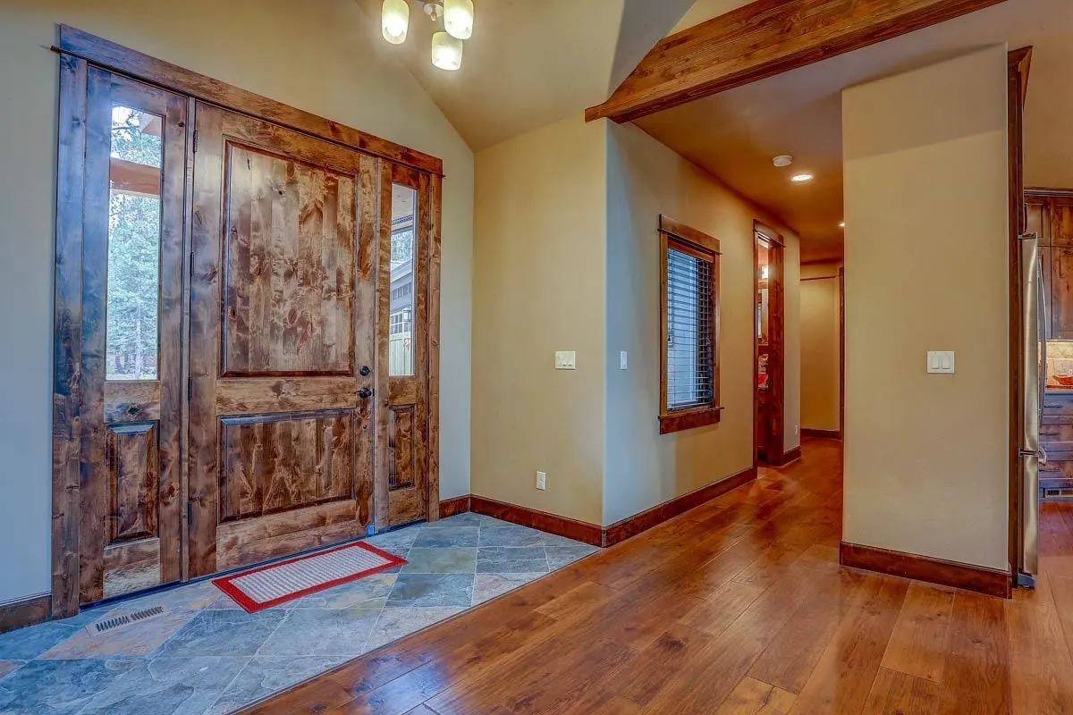The main entrance is the most striking feature of the home's foyer.