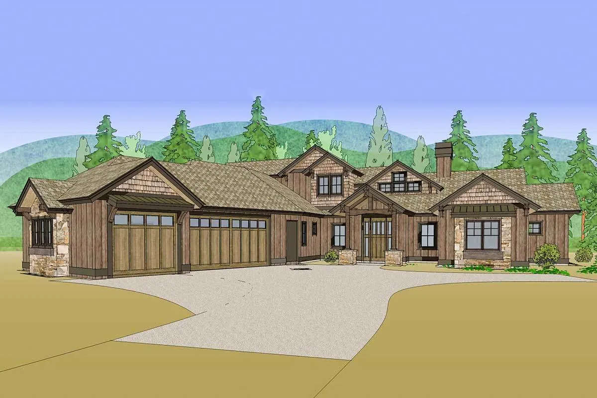 The front mountain ranch home sketch with inclined garage.