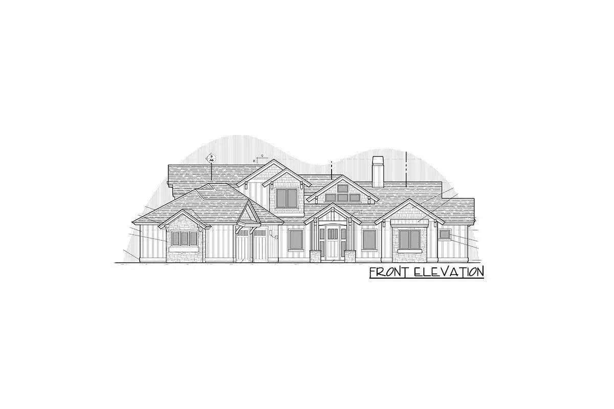 The front elevation of the single-story, three-bedroom mountain ranch home is shown in the sketch.