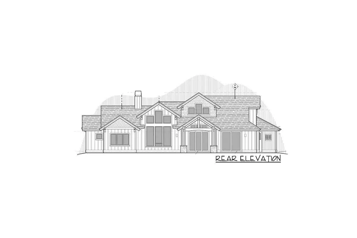 The rear elevation of the single-story, three-bedroom mountain ranch home is shown in the sketch.