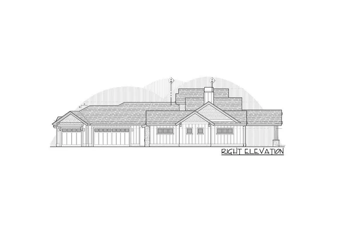 The right elevation of the single-story, three-bedroom mountain ranch home is shown in the sketch.