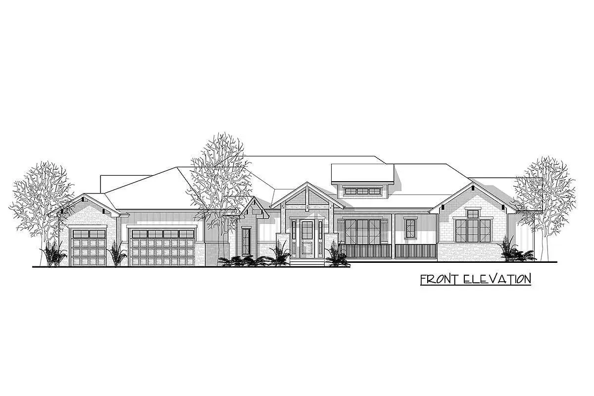 Front elevation drawing of the single-story, two-bedroom modern New American craftsman home.
