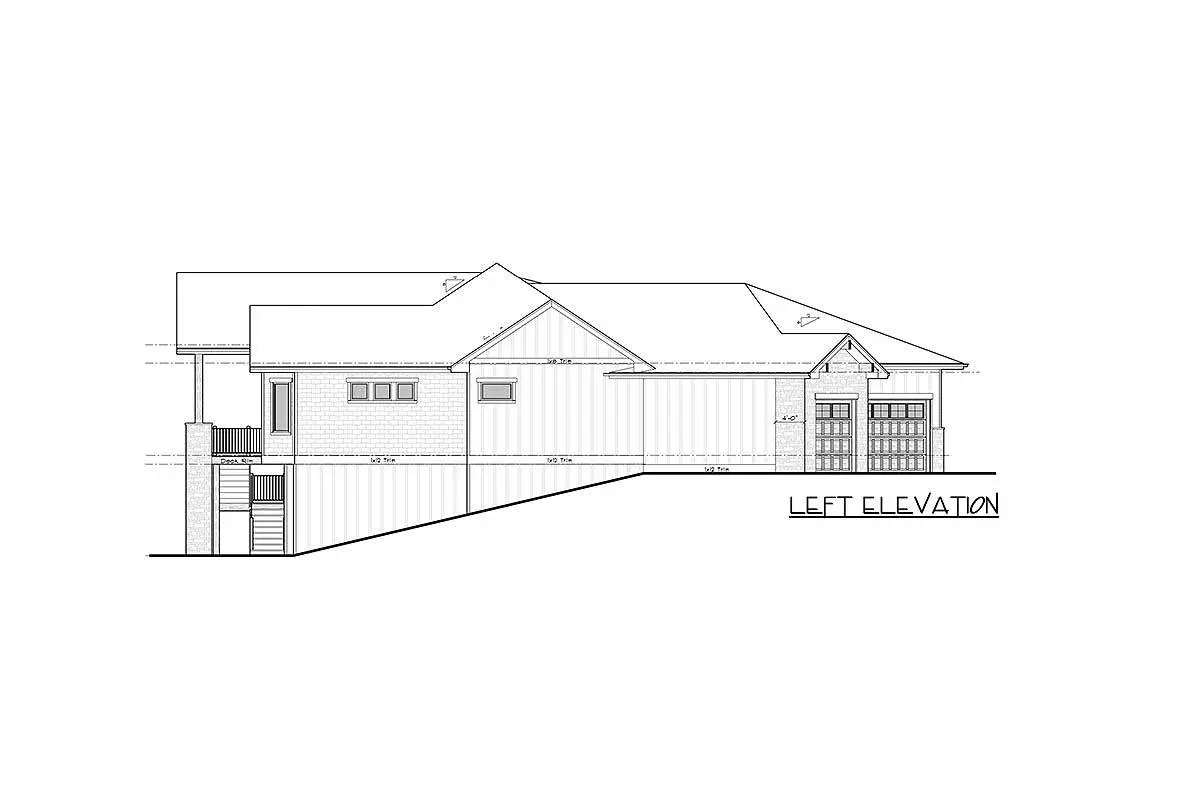 Left elevation drawing of the single-story, two-bedroom modern New American craftsman home.