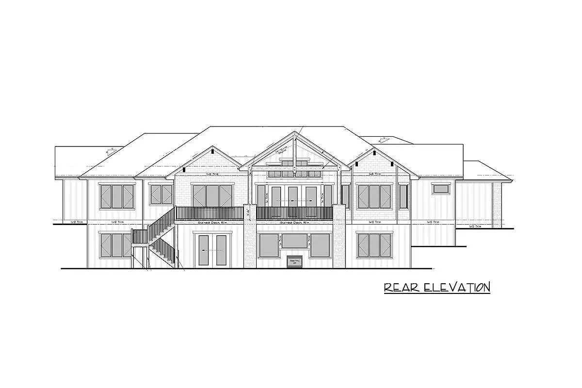 Rear elevation drawing of the single-story, two-bedroom modern New American craftsman home.