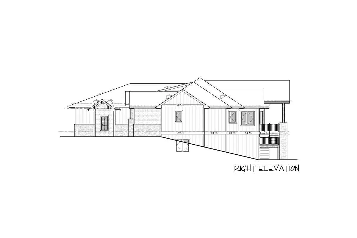 Right elevation drawing of the single-story, two-bedroom modern New American craftsman home.