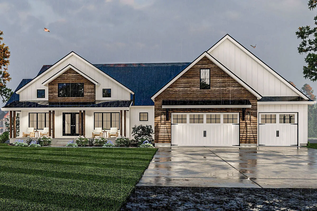 The view of the house in gloomy weather appears comfortable with the couches on the porch area.
