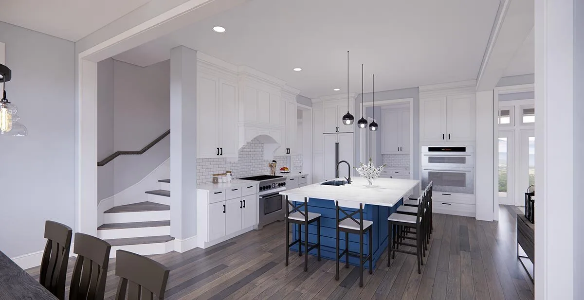 In the kitchen, a gorgeous center island with white countertops stands out.