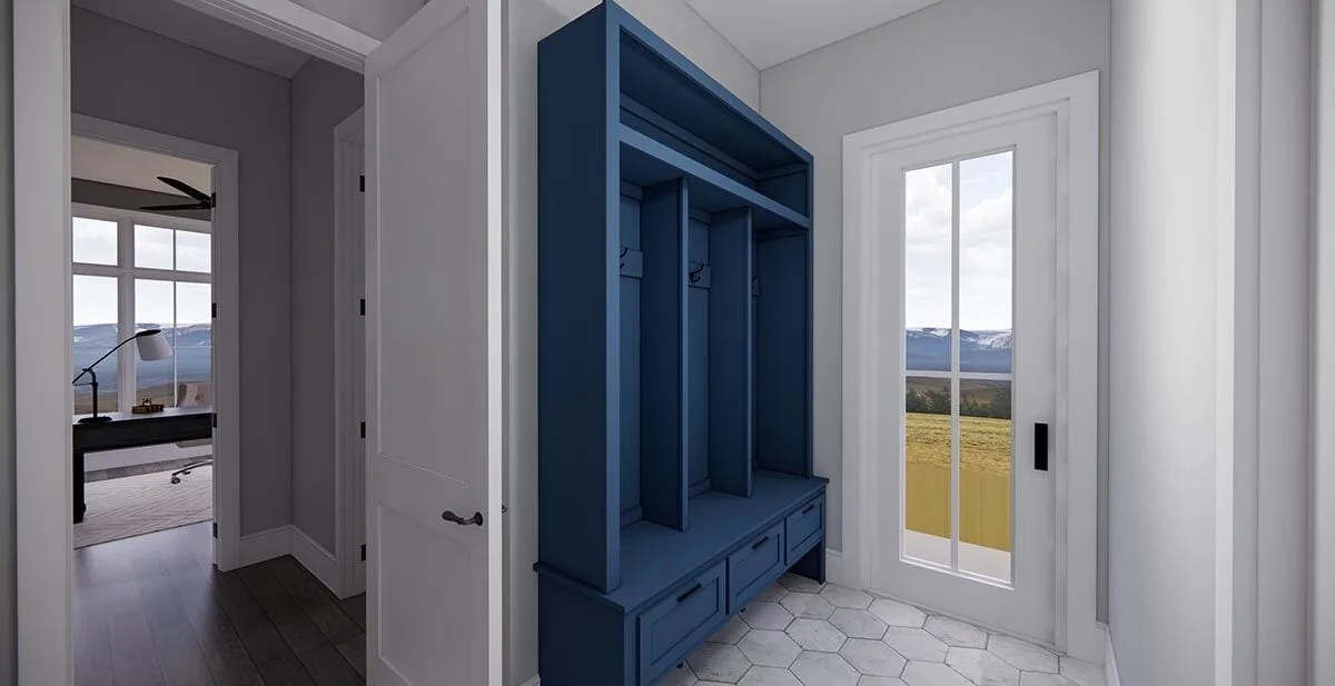 Blue mudroom locker cabinet with an access door to the outdoors.