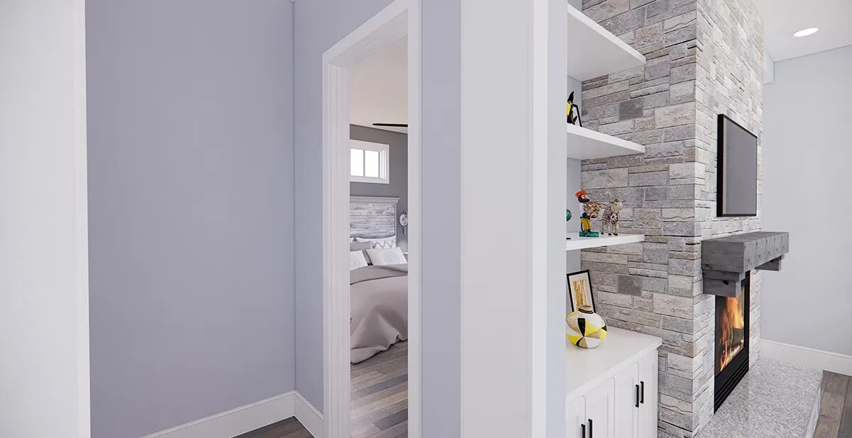 The living room fireplace is located behind the master bedroom.