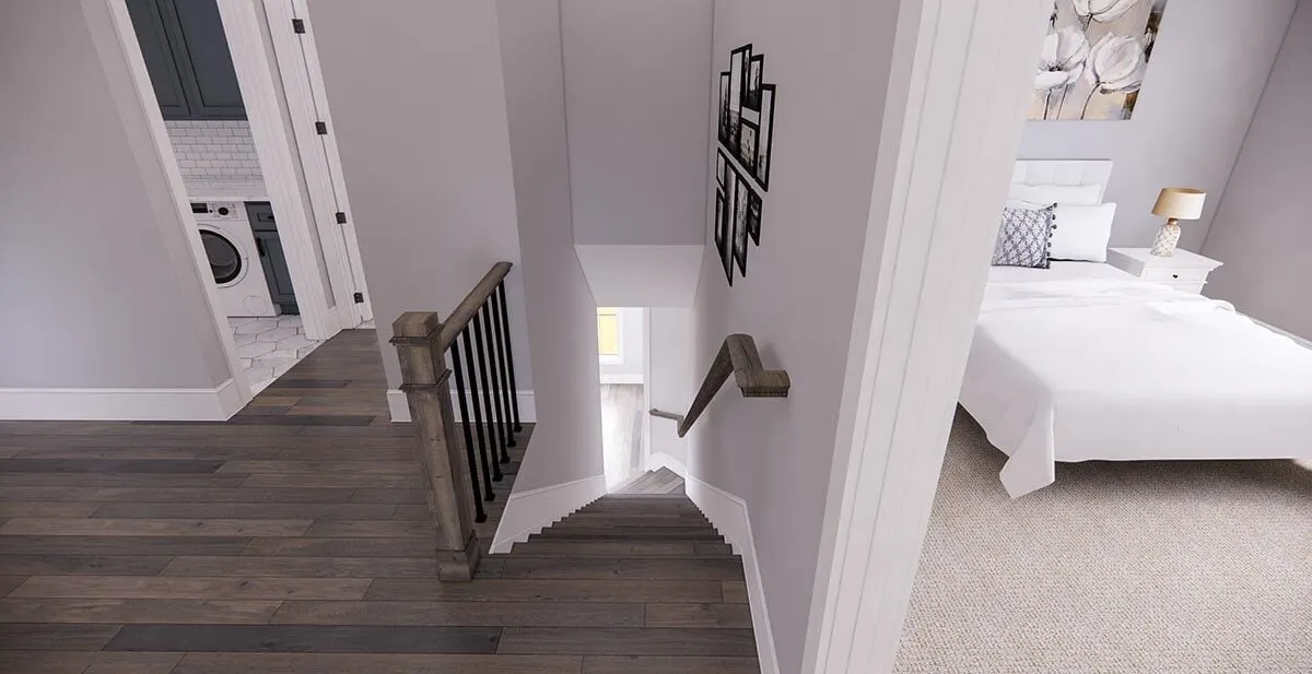 A stairway leading to the garage in wooden accent design.