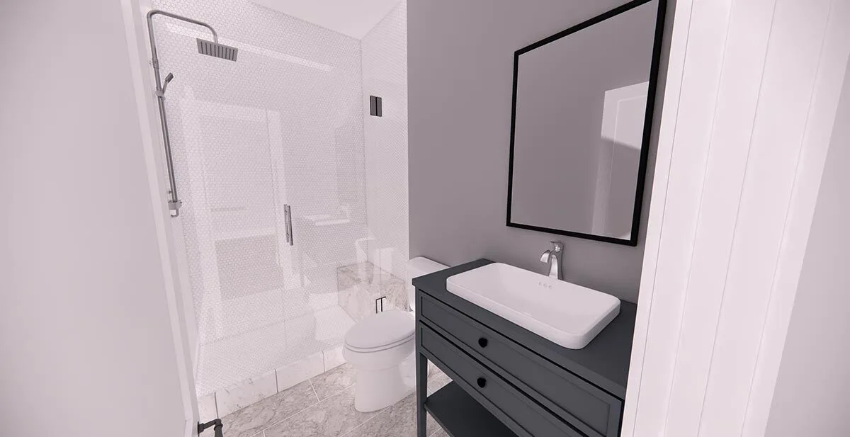 Second level bathroom complete with glass shower , toilet and a sink.