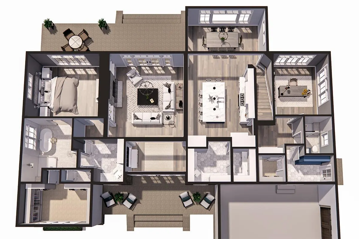 The main floor plan of the home as seen from top view rendering.