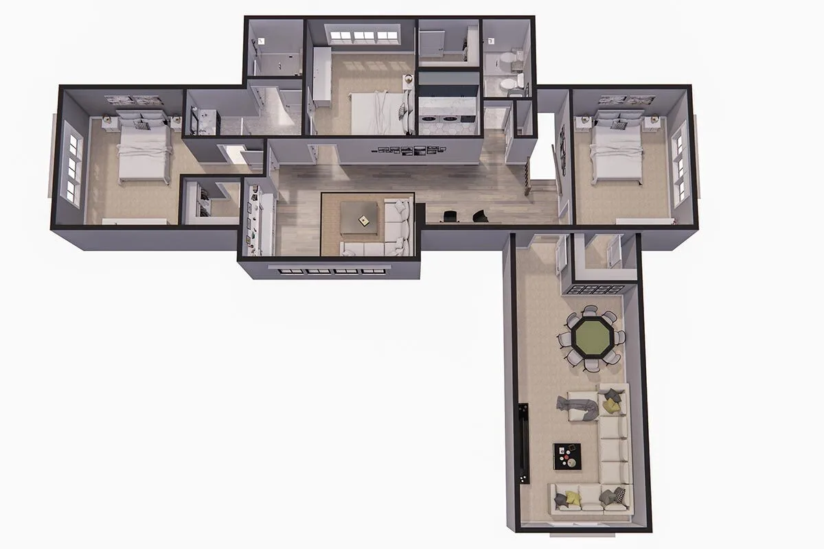 The second floor plan of the home as seen from top view rendering