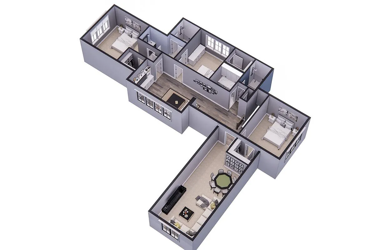 The second floor plan top-side view rendering.