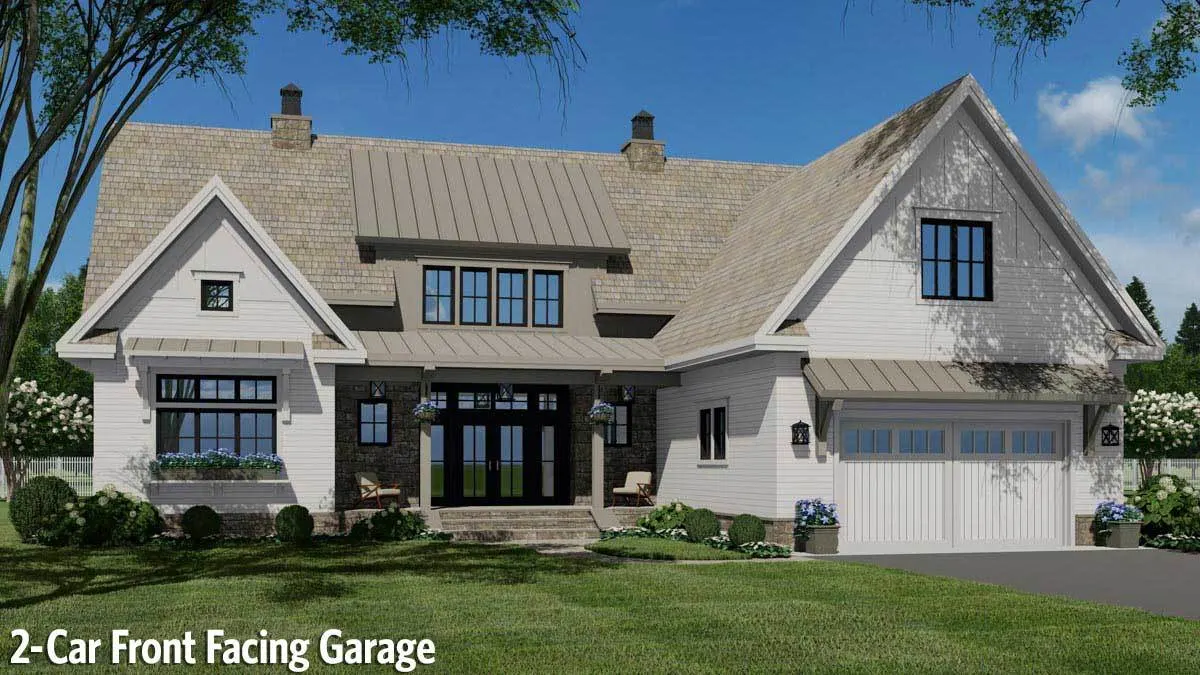 A front-facing garage with a white door.