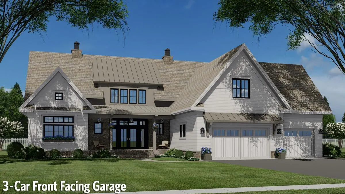 A tailored design for a three-car front-facing garage appears to be roomy.