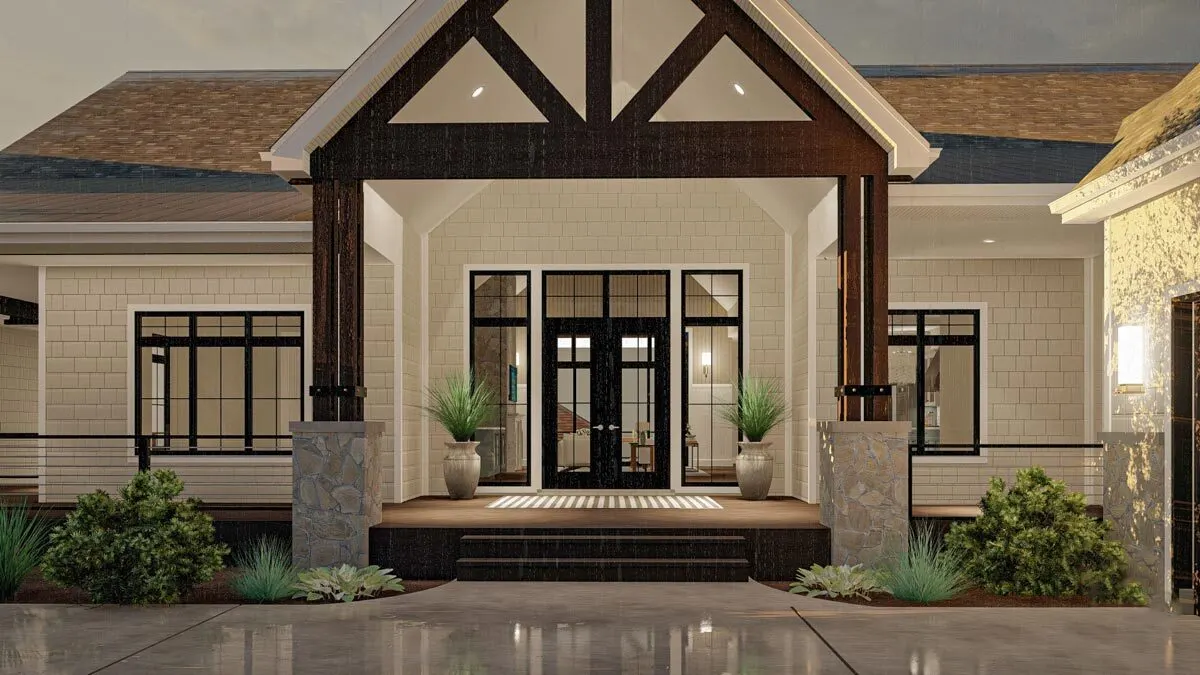 The magnificent front porch, with its French black door and window with black trim.