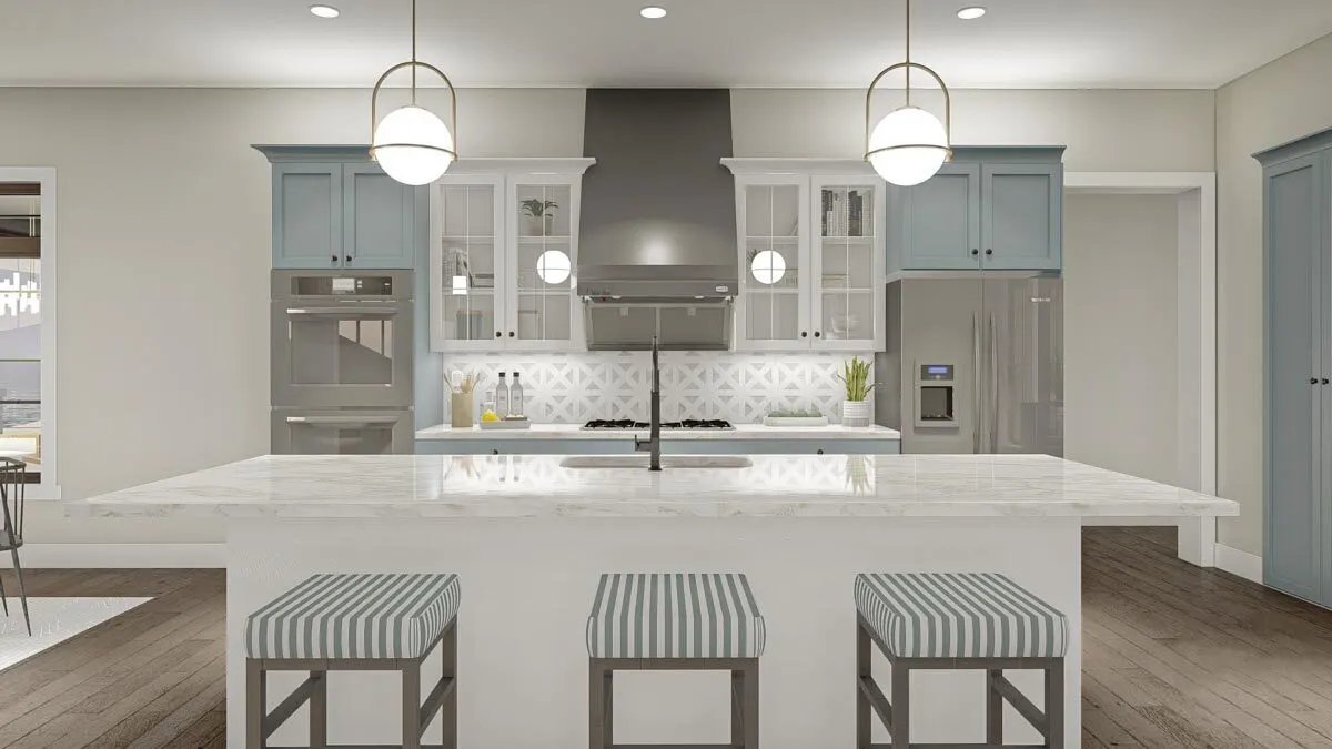 A neat and tidy kitchen décor with pastel blue cabinetry.