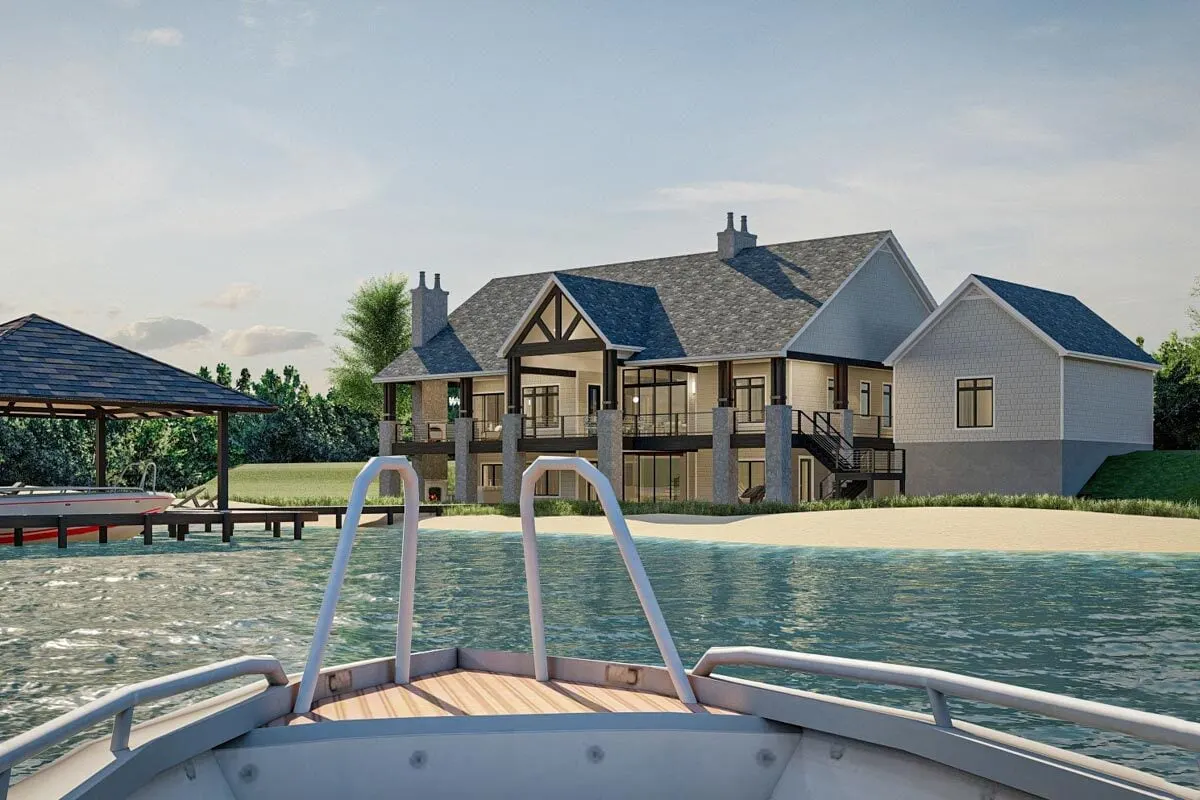 A far perspective of the New American lake house.