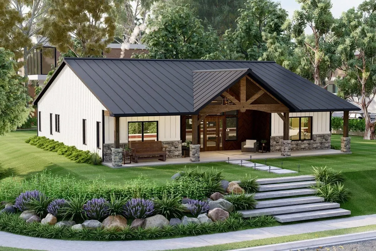 Expansive view of the white country-style home with beautiful landscapes.