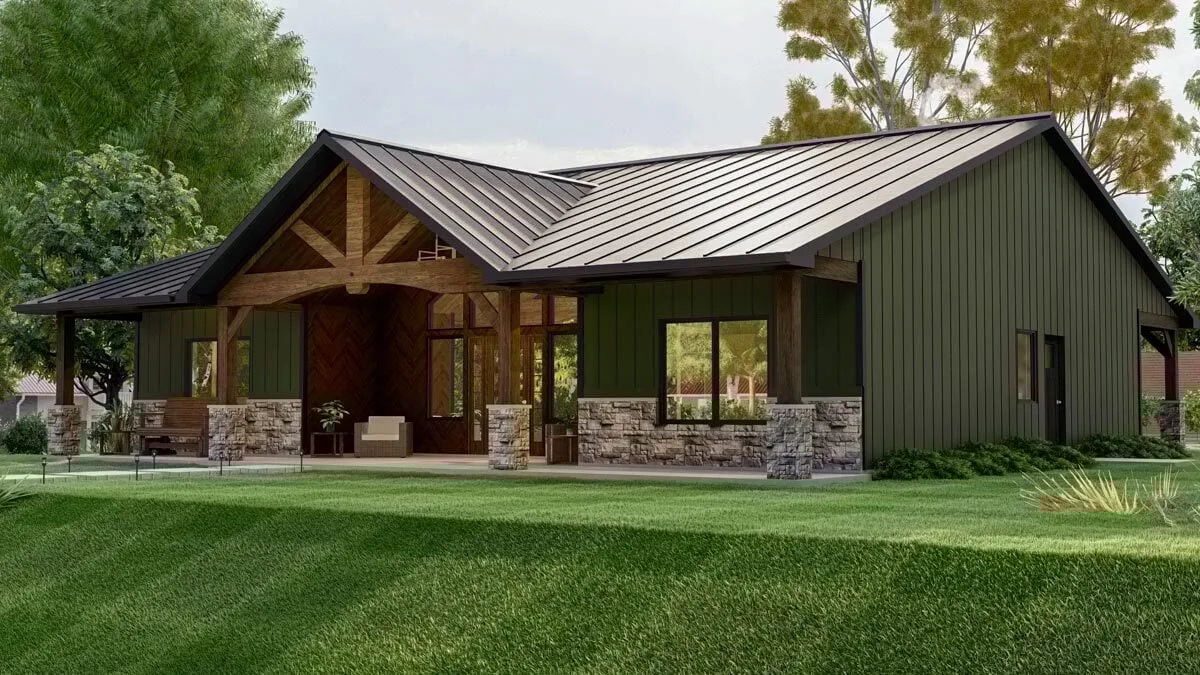 The ranch-style home's side view, which displays its creative exterior in the environment of an abundant amount of grasslands and exudes a sense of country charm.