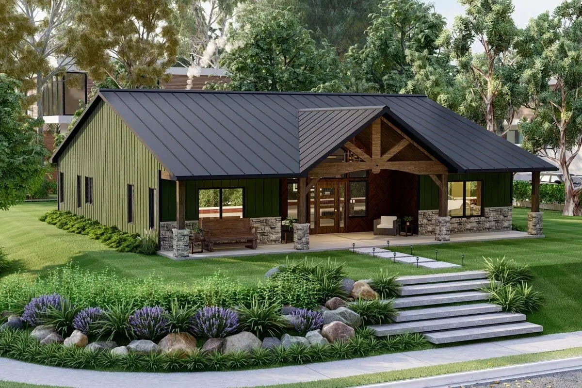 A panoramic perspective of the ranch-style house, which features a beautiful plant garden that complements well with the environment.