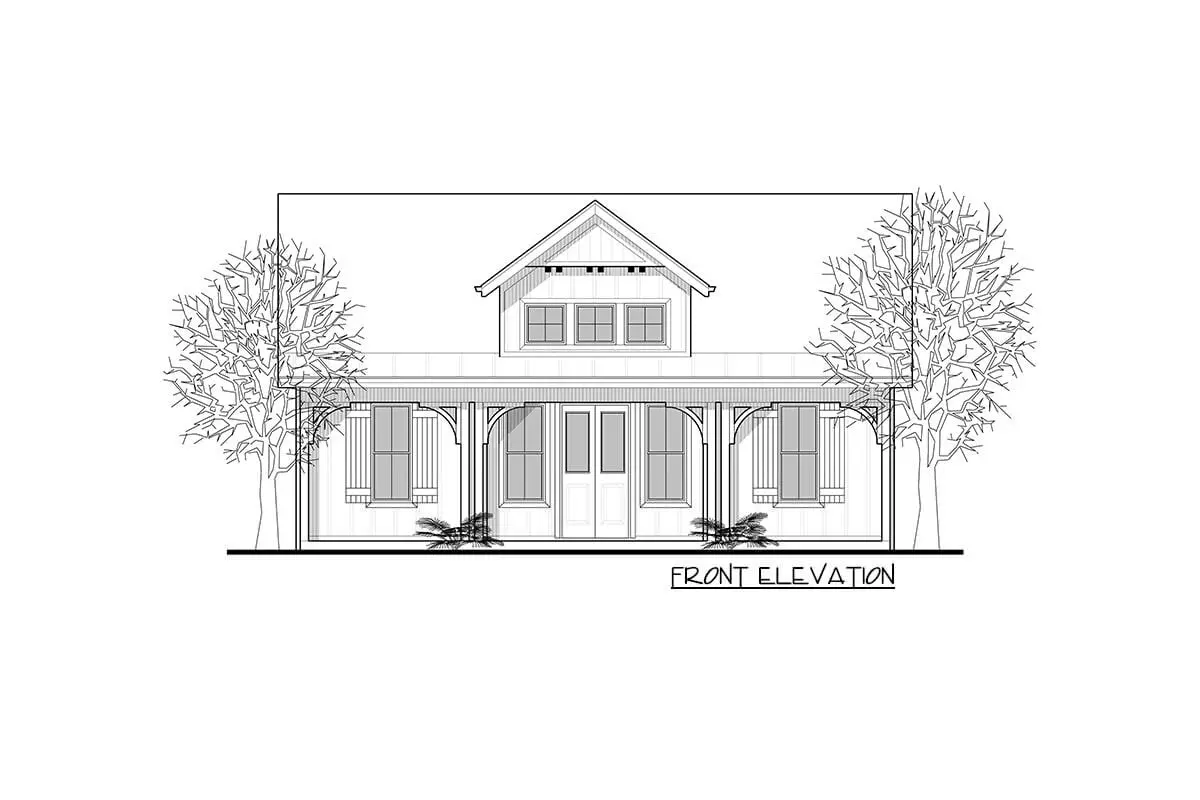 Front elevation sketch of the single-story 1-bedroom craftsman guest house.