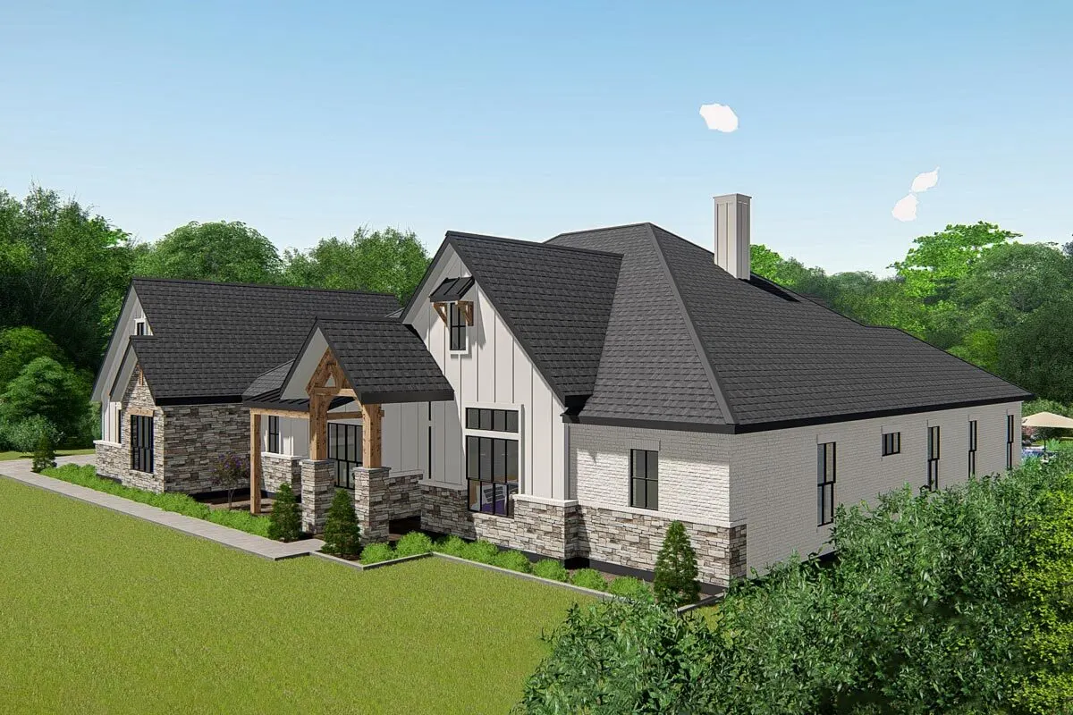 The external stone, brick, and siding mix of the house appear great from a distance.
