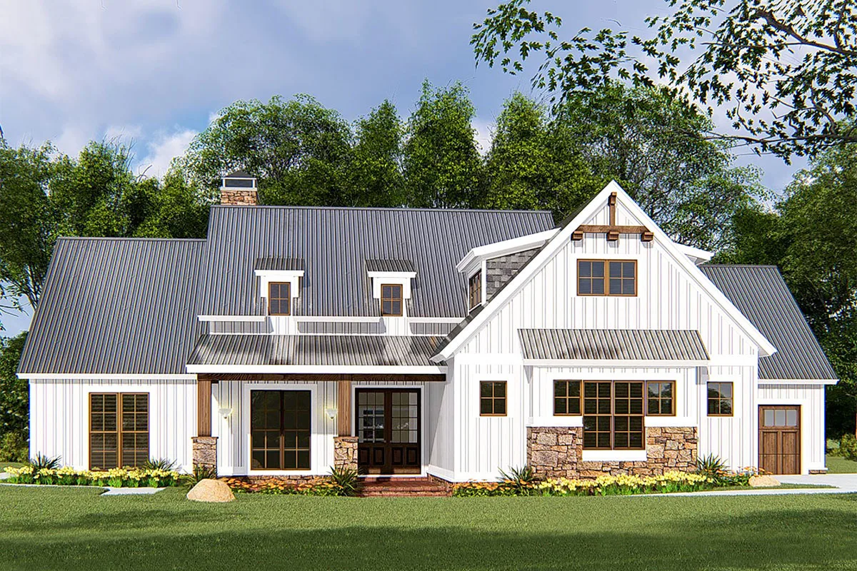 The farmhouse's front porch complemented its doors and windows.