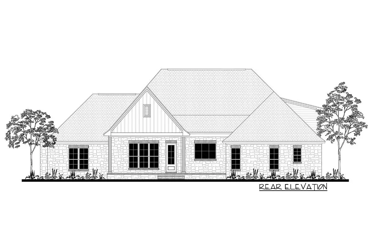 Rear elevation sketch of the single-story 4-bedroom craftsman house.