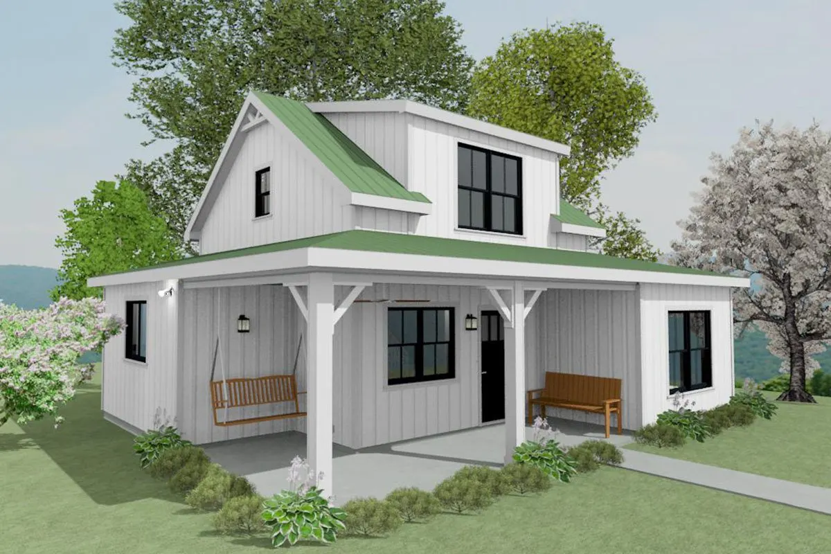 Front view of the house with a stunning porch area with a swing.