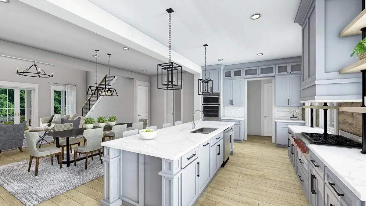 The French door that leads to the porch gives a view into the kitchen.