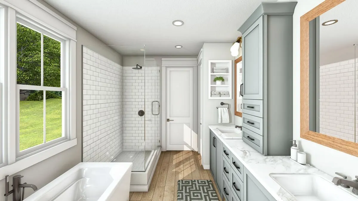 Complete aesthetics in the bathroom area, including a tub and a glass shower area.