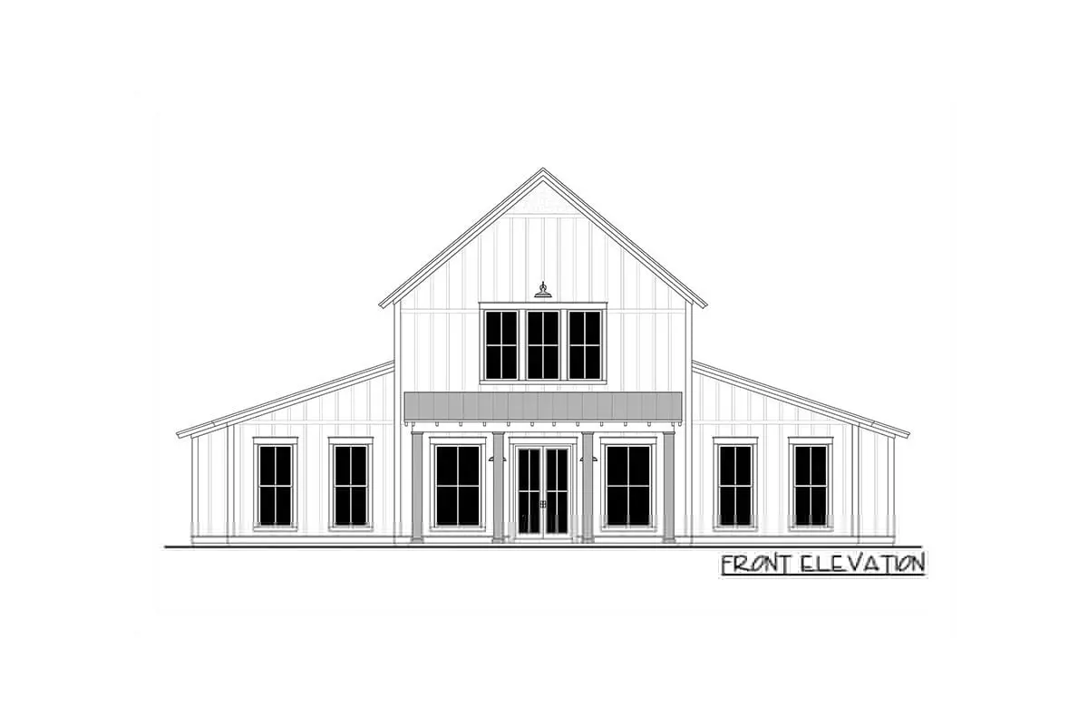 Front elevation view of the rustic barndominium house.