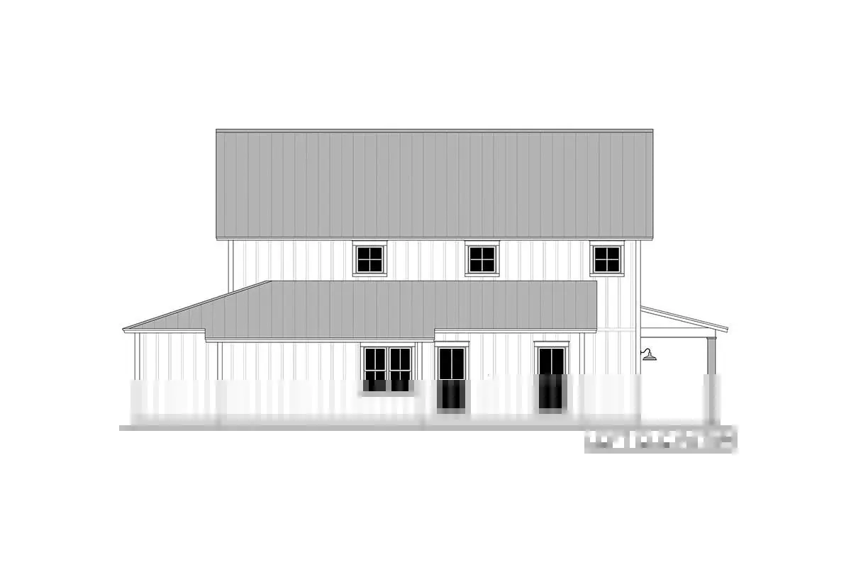 French doors and windows are shown in this rendering of a rustic barndominium home.