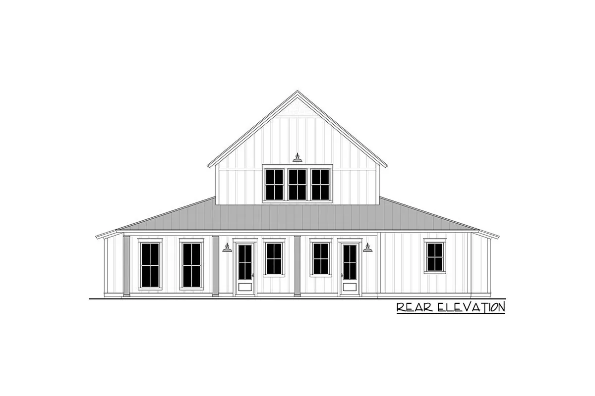 Rear elevation view of the rustic barndominium house.