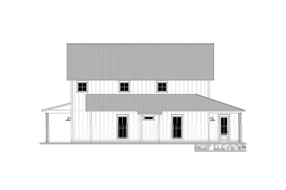 An illustration of a rustic barndominium house with two porches can be seen.