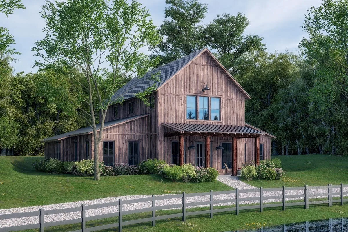A rustic-style home with wood accents blends in with the surroundings.