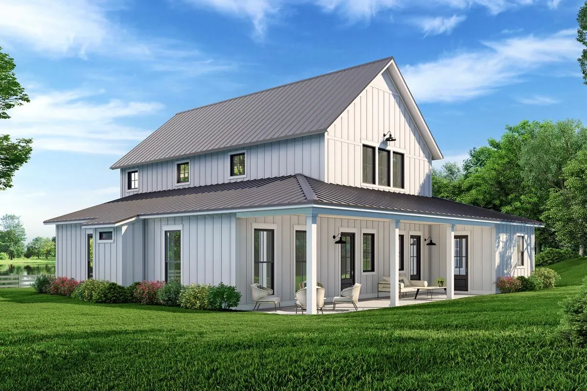 A view from the back of the house shows the welcoming porch area.