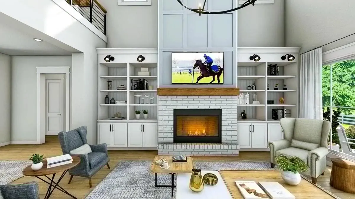 A modern living room style with a fireplace to keep the space warm.