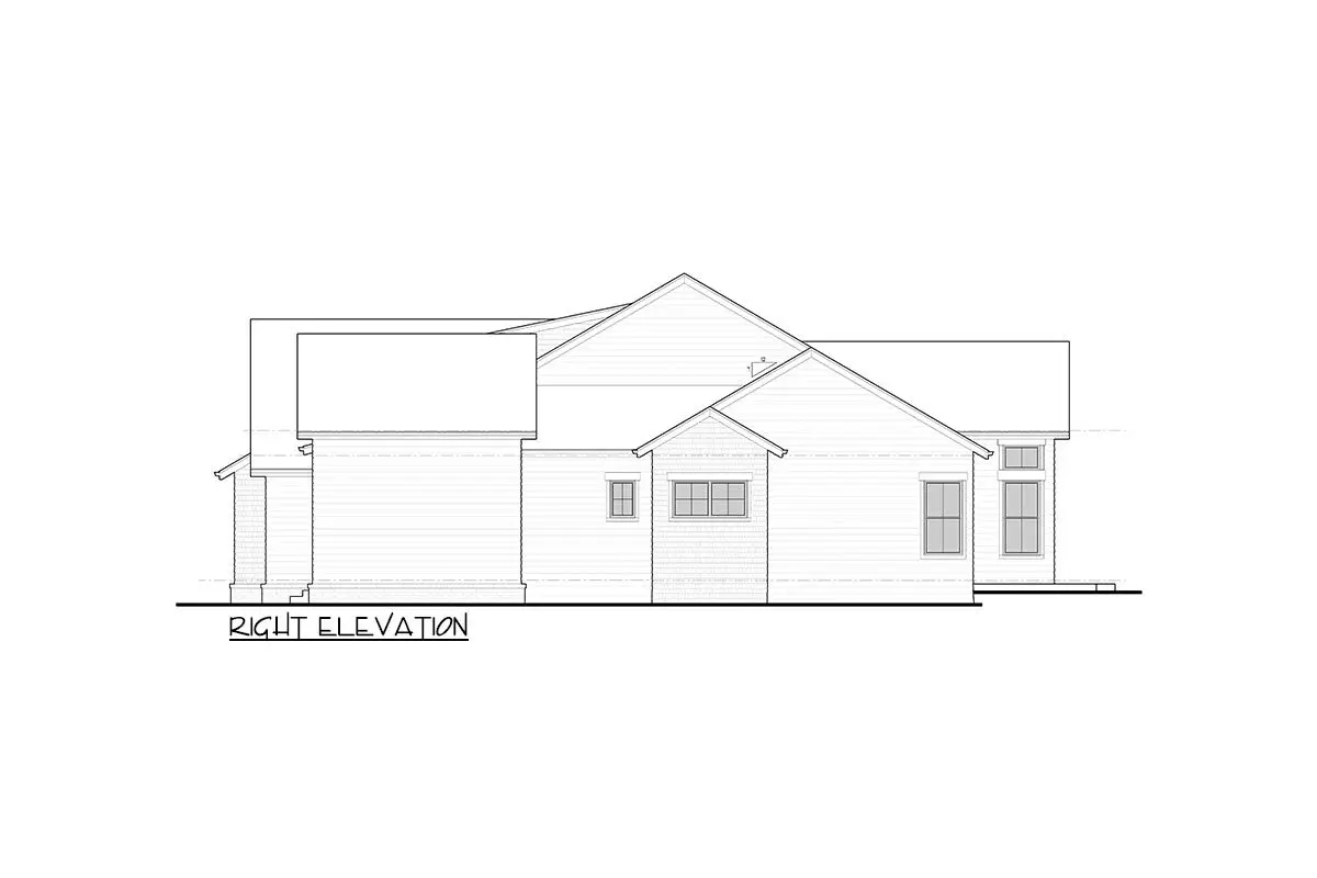 Right elevation sketch of the single-story 2-bedroom rustic mountain ranch house.