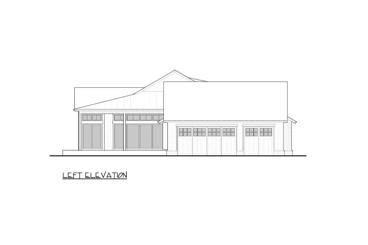 Left elevation sketch of the single-story 1-bedroom rustic mountain ranch house