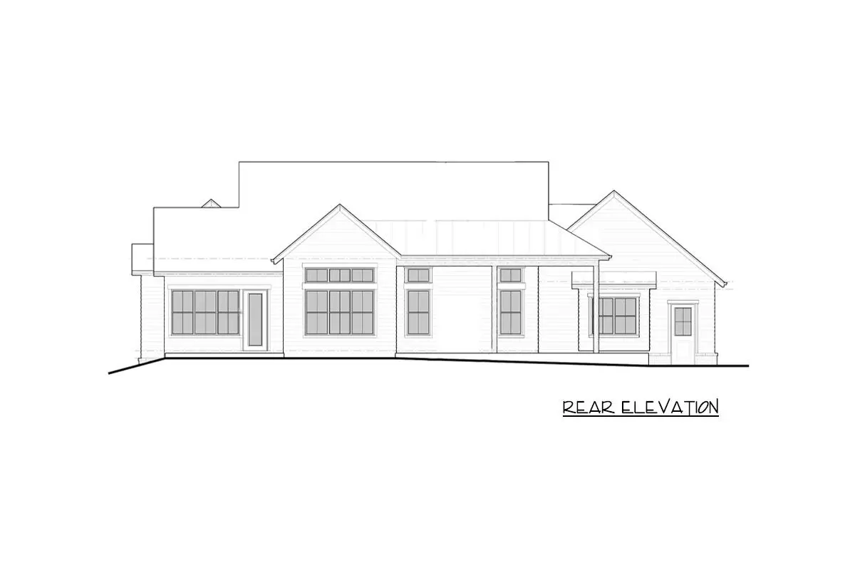 Rear elevation sketch of the single-story 1-bedroom rustic mountain ranch house