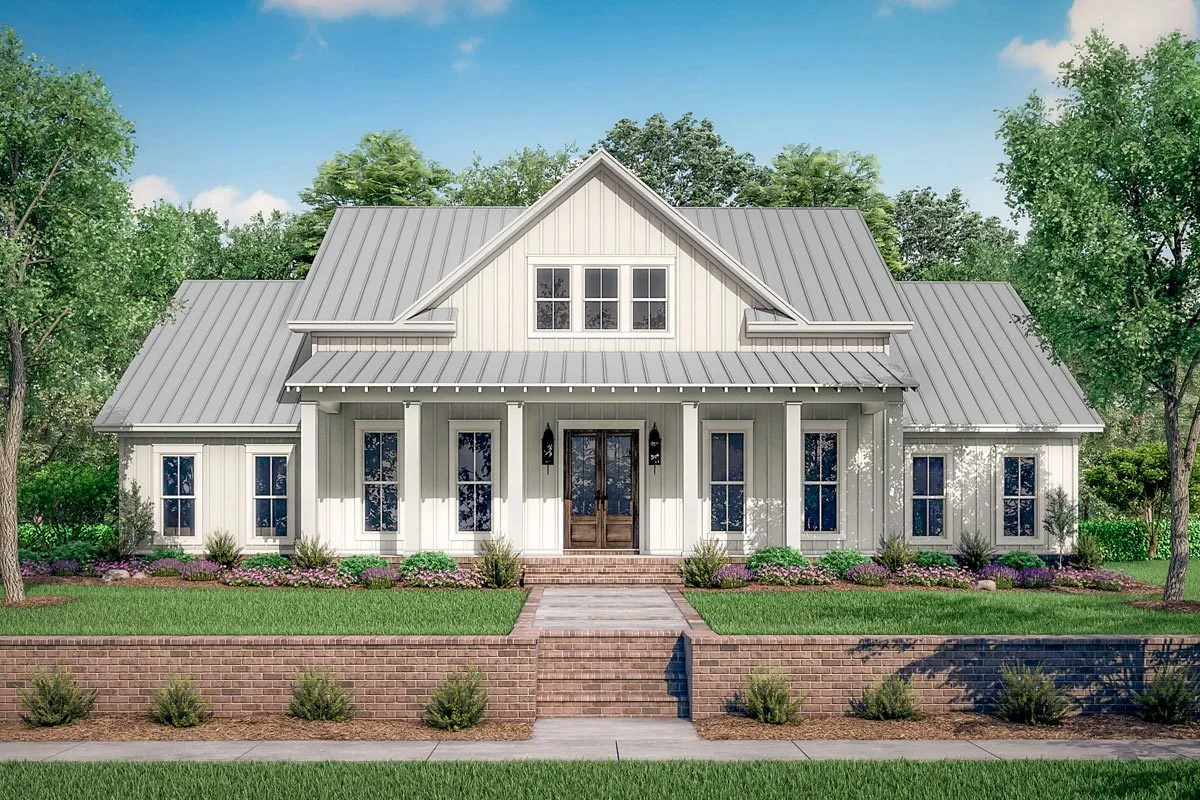 The attractive farmhouse merges perfectly with the leveled front yard.