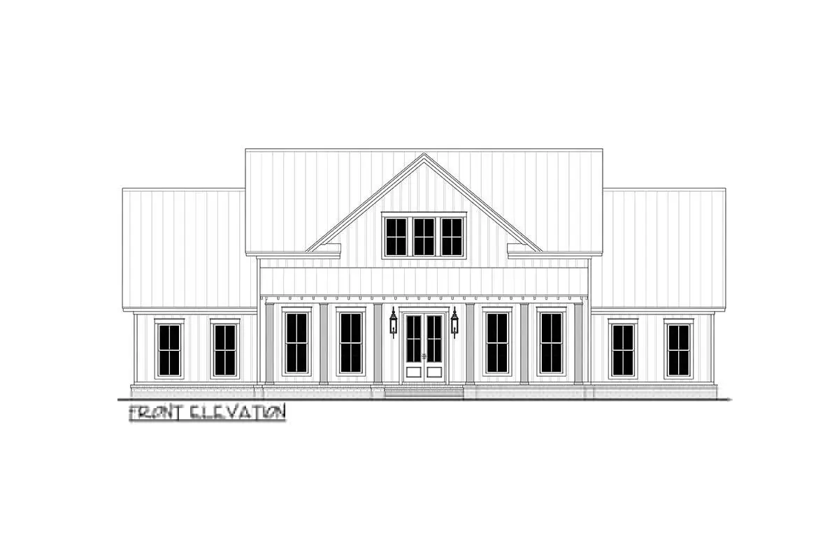 Front elevation sketch of the single-story 4-bedroom modern farmhouse.