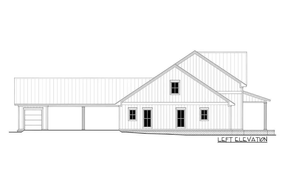 Left elevation sketch of the single-story 4-bedroom modern farmhouse.