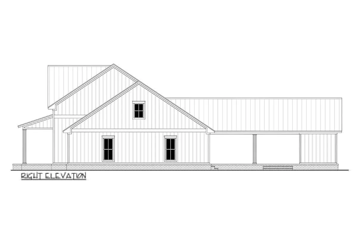 Right elevation sketch of the single-story 4-bedroom modern farmhouse.