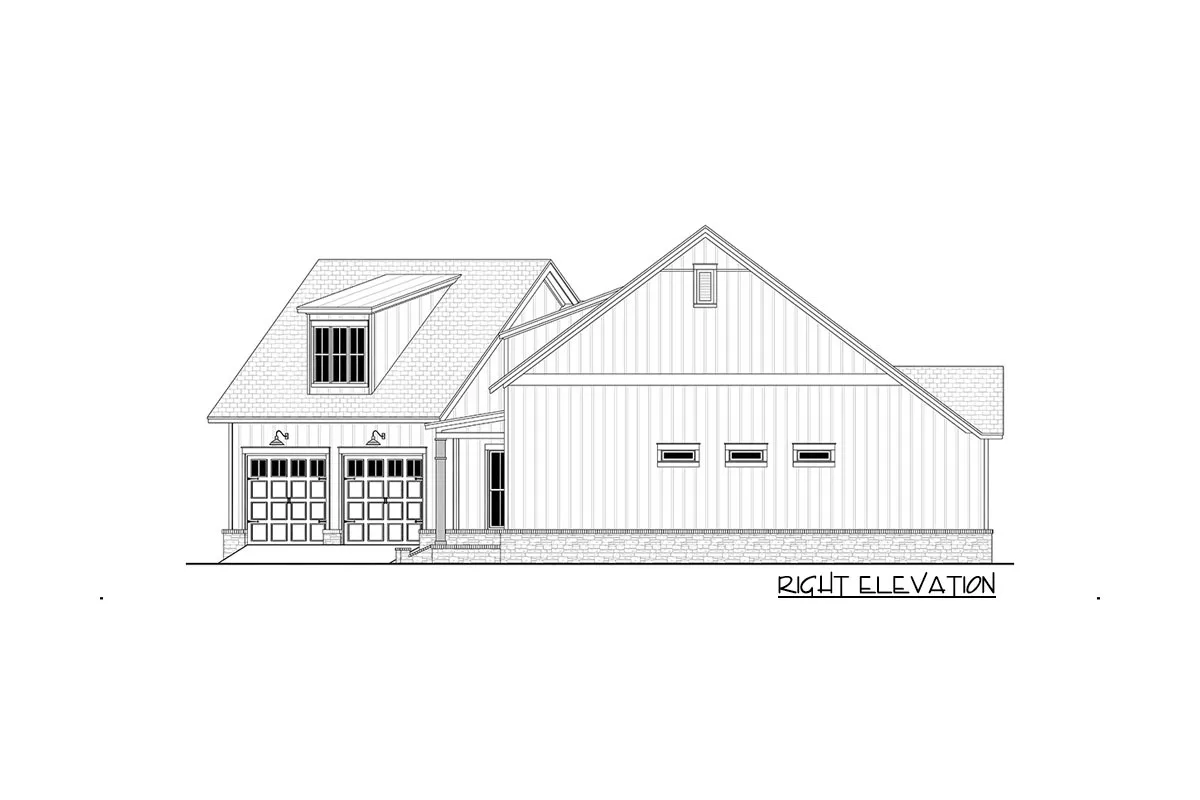 Right elevation sketch of the single-story 3-bedroom modern farmhouse.