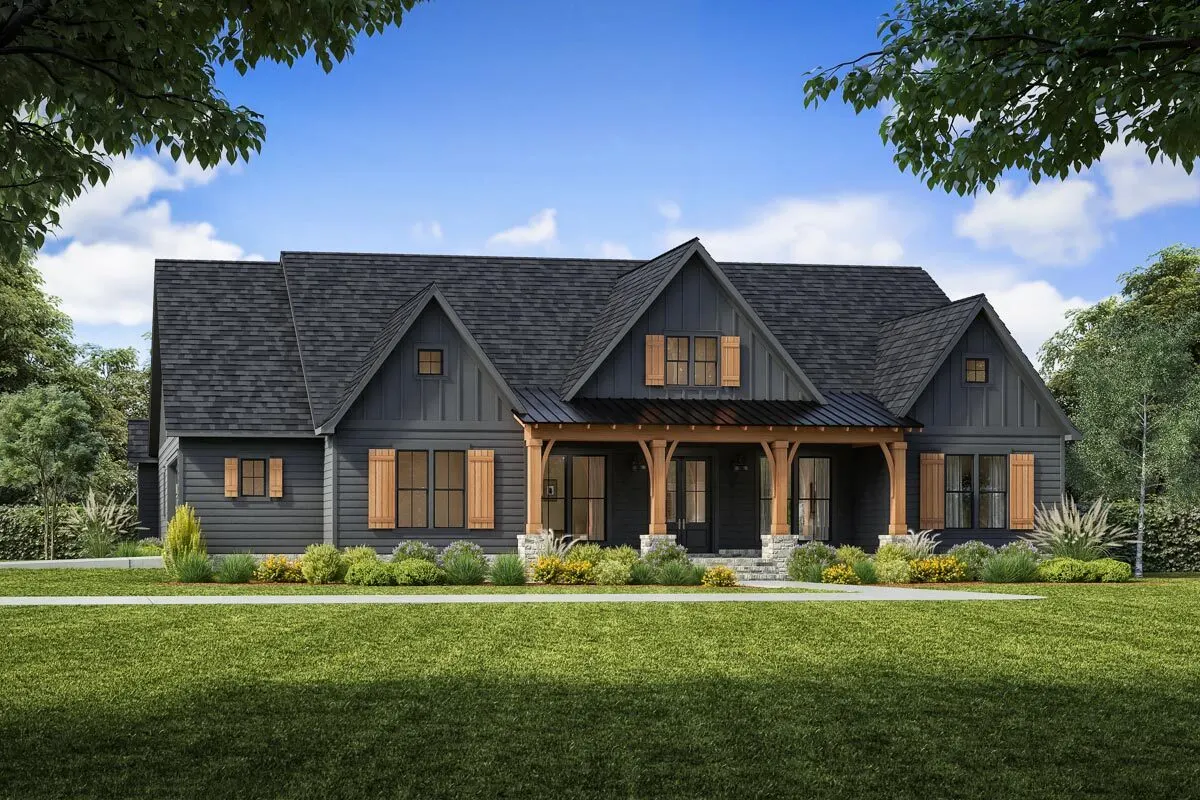 The slab foundation of this country-style modern farmhouse makes it quite sturdy, and the symmetrical window frames only enhance its aesthetic appeal.